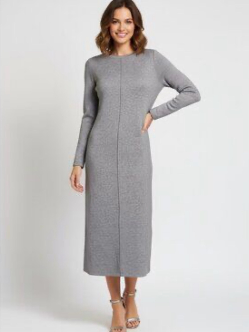 Vince Camuto Gray /Silver Sweater Dress Womens XS Midi Rib Knit Neck